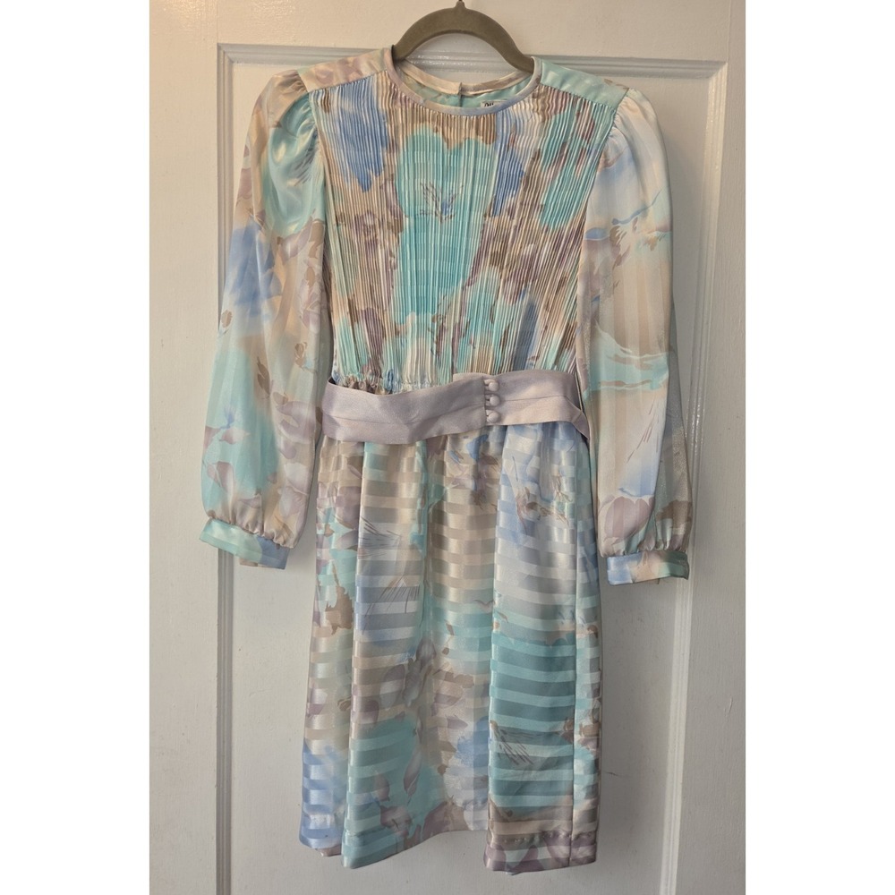 Vintage 80's Marinette Watercolor Pastel Micro Pleat Midi Dress Secretary. 4